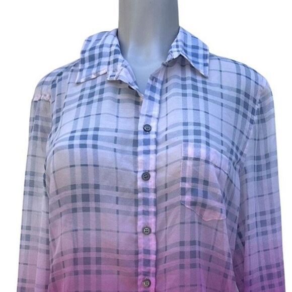 Two By Vince Camuto Shirt Blouse Womens S/M Pink Purple Plaid Ombre Button Front - Picture 2 of 13